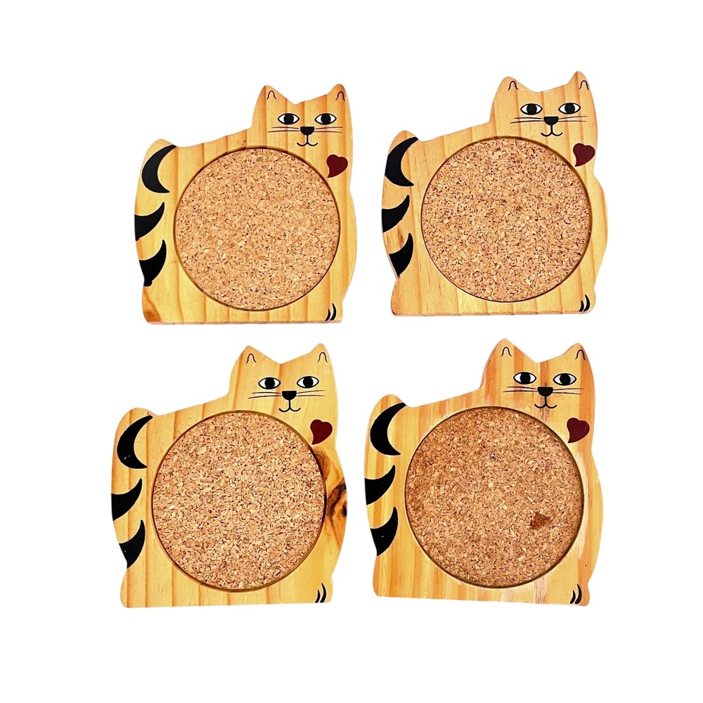 Vintage 80s Wooden Cat Coasters Set of 4 Cork Inlay Hand Painted Rustic Folk Art